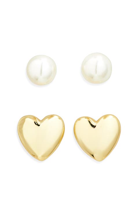 Set of 2 Faux Pearl & Heart Stud Earrings
