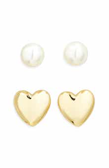 ARGENTO VIVO Set of 2 Faux Pearl & Heart Stud Earrings
