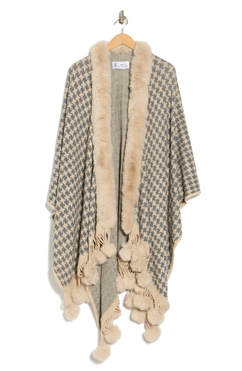 La Fiorentina Houndstooth Ruana with Faux Fur Trim, Alternate, color, Beige