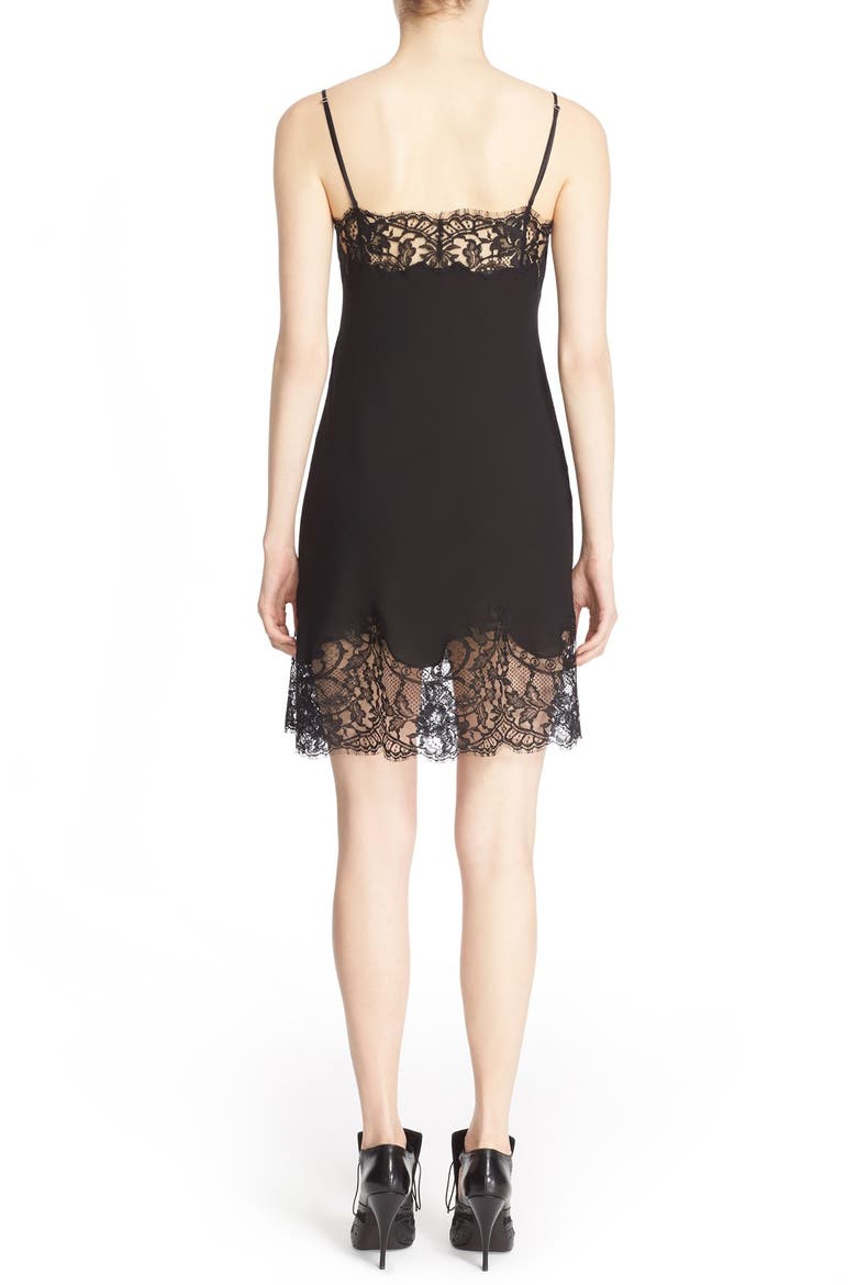 Lace Trim Silk Crepe Dress, Alternate, color, BLACK