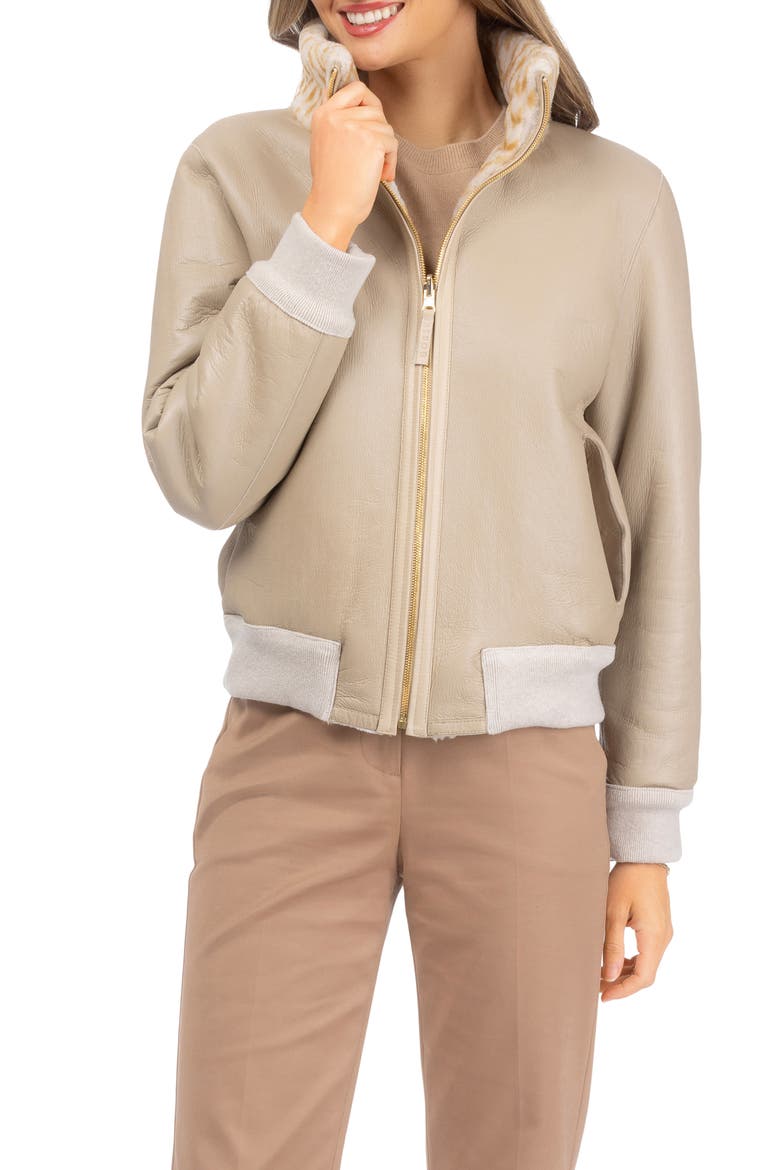 Reversible Chevron Printed Grooved Genuine Shearling Bomber Jacket, Alternate, color, Cream/Palomino
