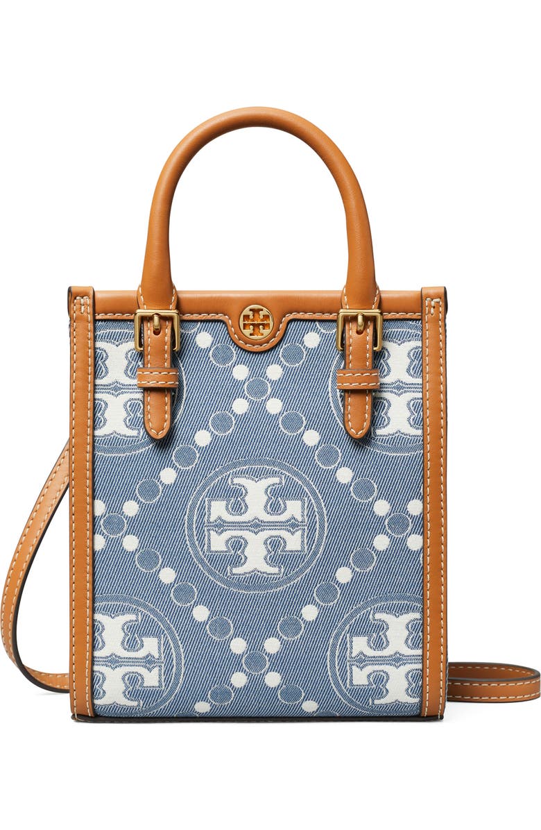 Tory Burch Mini T Monogram North/South Denim Tote, Main, color,
