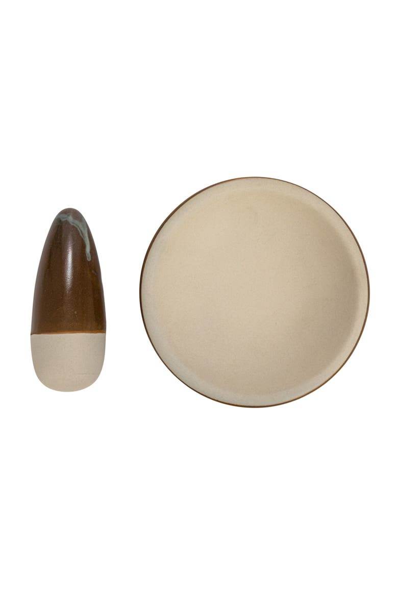 Stoneware Mortar and Pestle with Reactive Glaze, Brown and Cream, Alternate, color, Brown