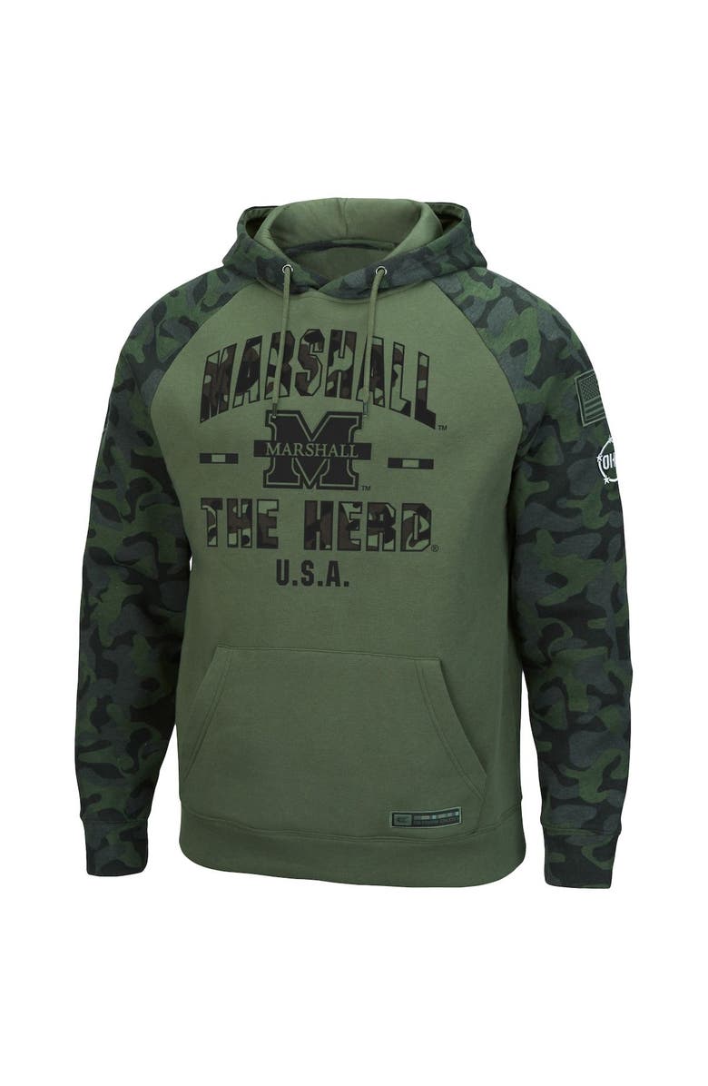 COLOSSEUM Men's Colosseum Olive/Camo Marshall Thundering Herd OHT Military Appreciation Raglan Pullover Hoodie, Alternate, color, 