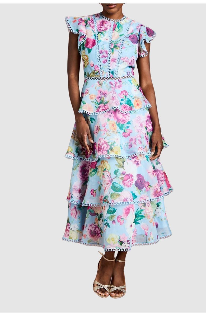 Coast Lace Trim Tiered Organza Midi Dress, Alternate, color, Pale Blue