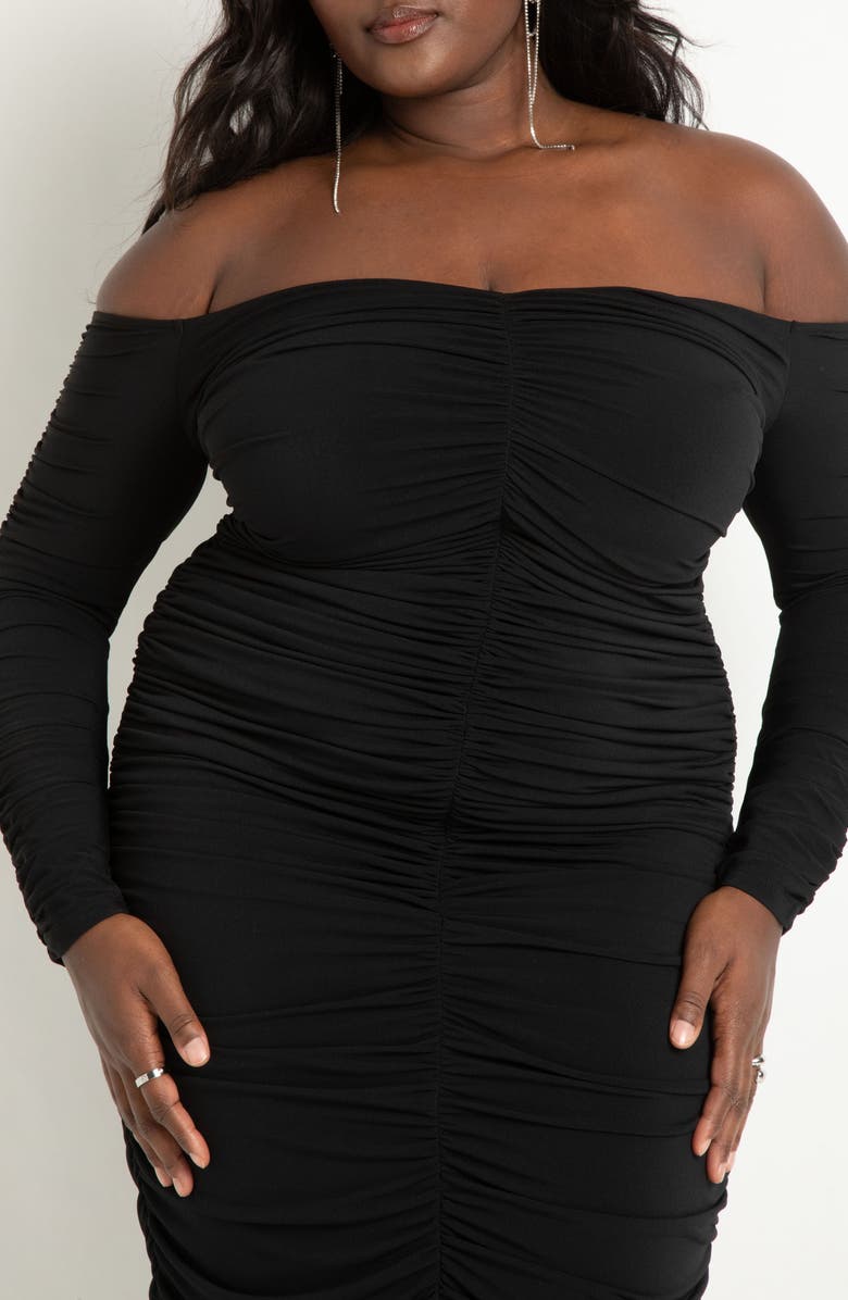 ELOQUII Ruched Off the Shoulder Long Sleeve Body-Con Dress, Alternate, color, 