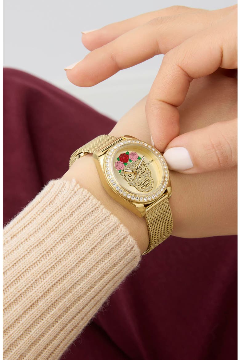 Day of the Dead Goldtone Mesh Strap Watch, 30mm, Alternate, color, GOLD TONE