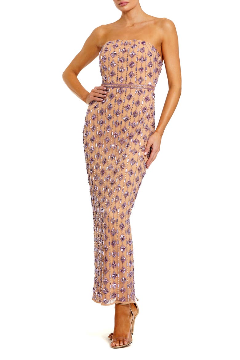 Mesh Beaded Strapless Column Ankle Dress, Main, color, Nude Lilac