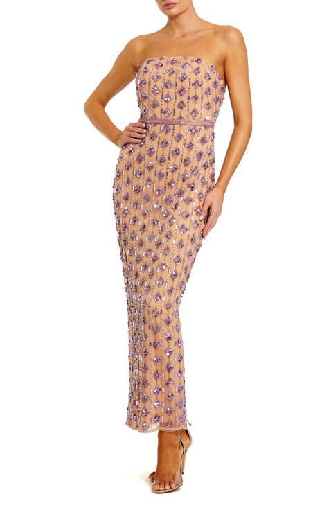 Mesh Beaded Strapless Column Ankle Dress