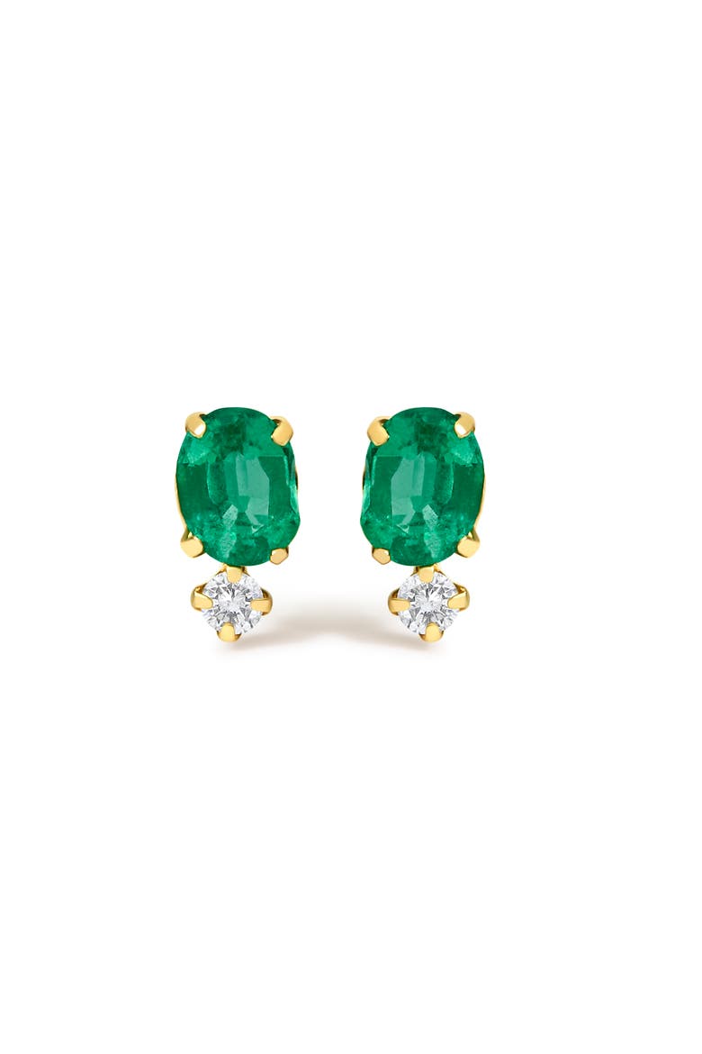 18K Yellow Gold Oval Green Emerald and Diamond Double Drop Stud Earrings, Main, color, Yellow Gold