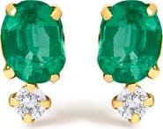 Haus of Brilliance 18K Yellow Gold Oval Green Emerald and Diamond Double Drop Stud Earrings