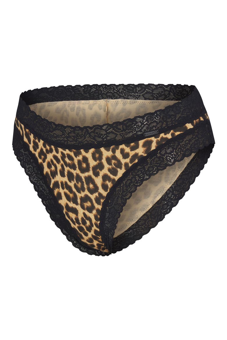 Essentials Lace Trim Stretch Cotton Cheeky Briefs, Alternate, color, SUGA BEIGE ON THE PROWL PRINT