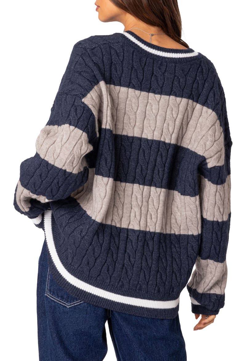 Romie Cable Knit V-Neck Sweater, Alternate, color, NAVY