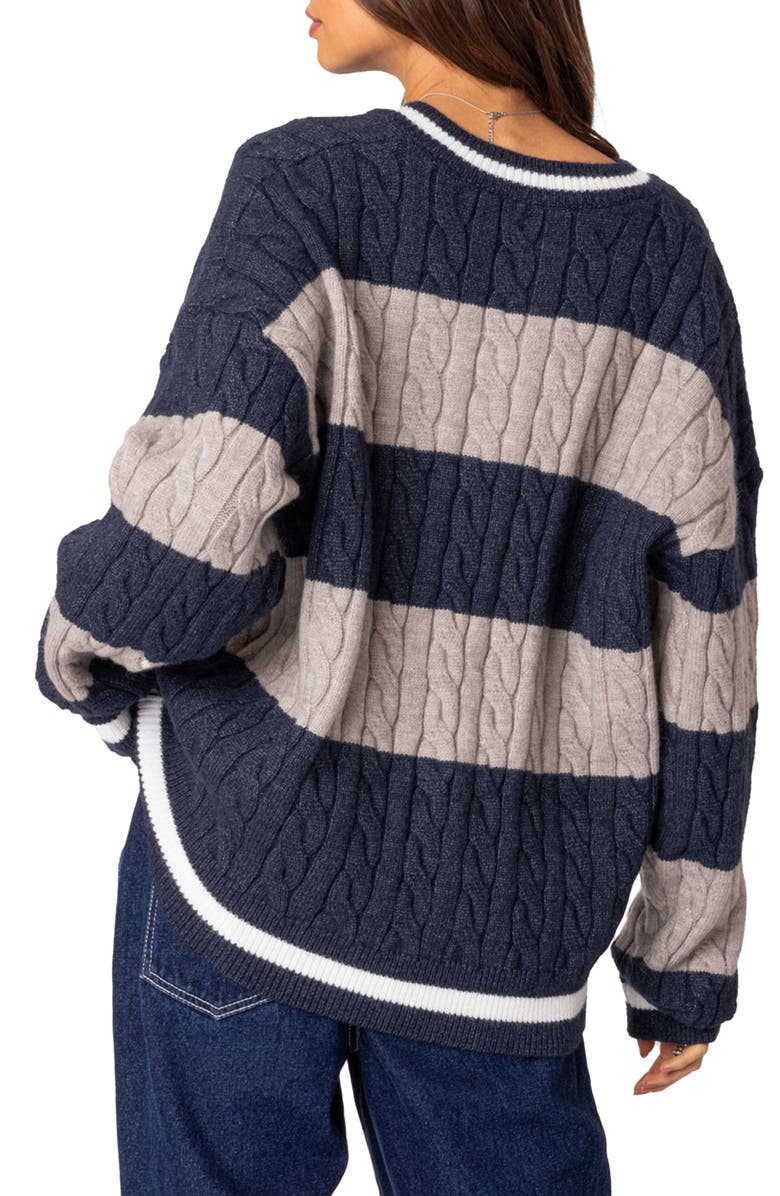 EDIKTED Romie Cable Knit V-Neck Sweater, Alternate, color, Navy
