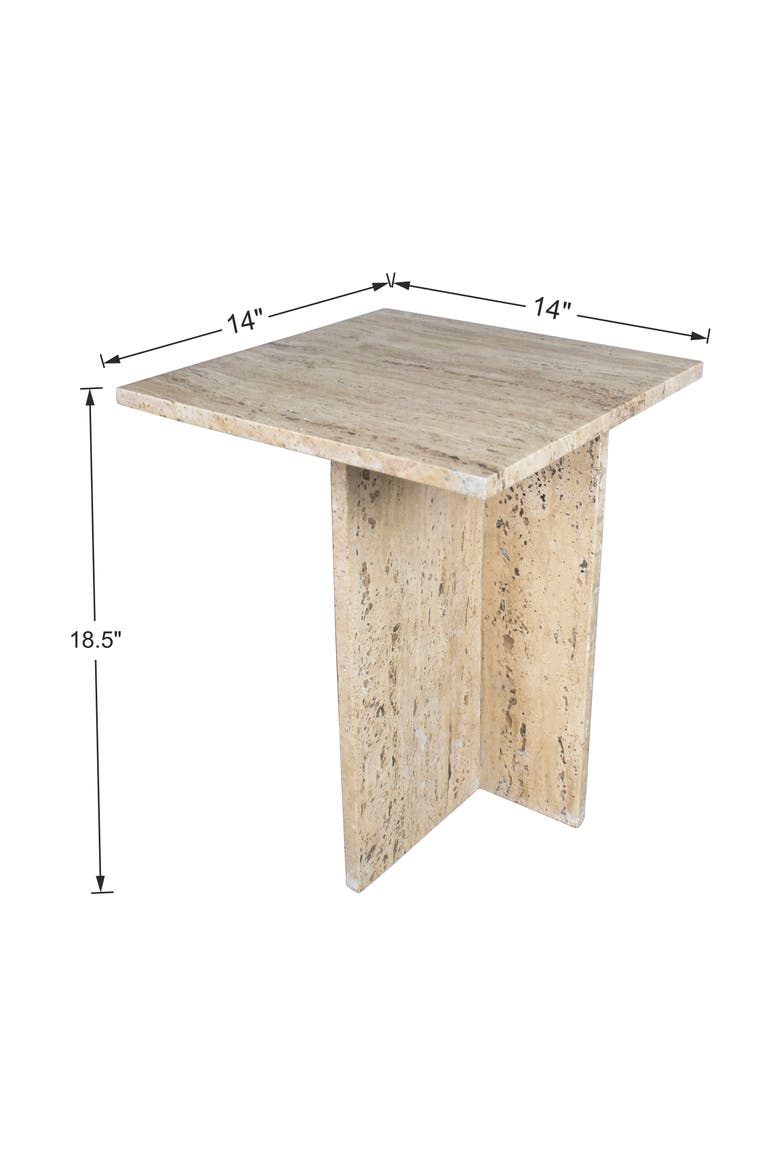 Cecil Modern Square Marble End Table with Cross Base, Solid Stone Accent Side Table for Living Room, Alternate, color, Travertine