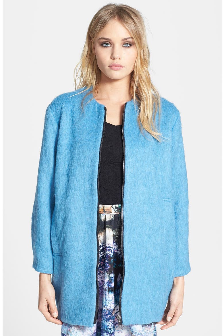 Fluffy Long Bomber Jacket, Main, color, BRIGHT BLUE