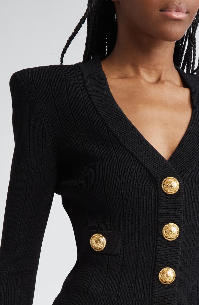 Balmain Button Detail Rib V-Neck Cardigan, Alternate, color, Black