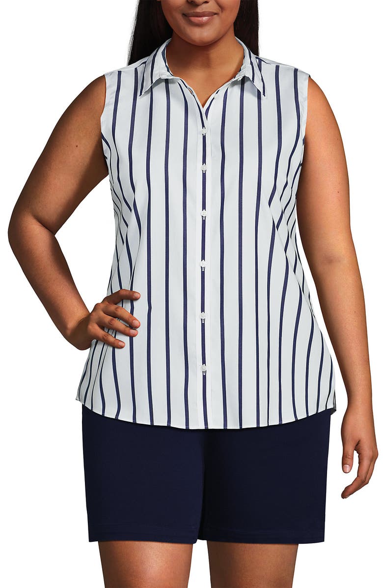 Lands' End Sleeveless No Iron Shirt, Main, color, White/Navy Classic Stripe