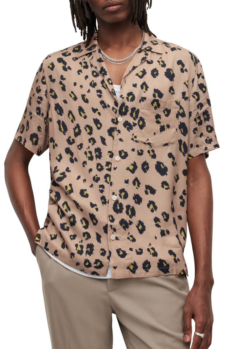 AllSaints Manado Leopard Print Short Sleeve Button-Up Shirt, Main, color, Beige
