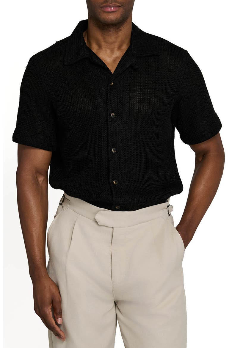 Bedford Crochet Camp Shirt, Main, color, BLACK