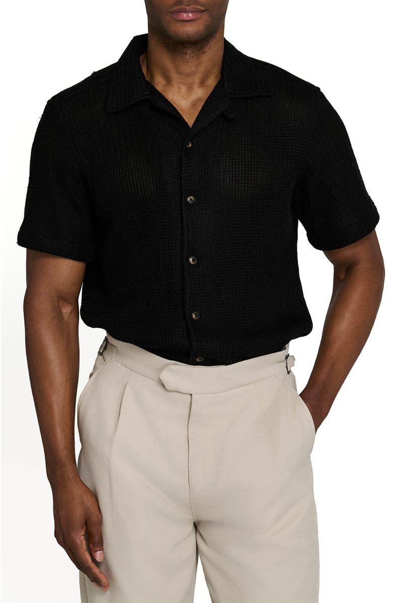 Brooklyn Brigade Bedford Crochet Camp Shirt, Main, color, Black
