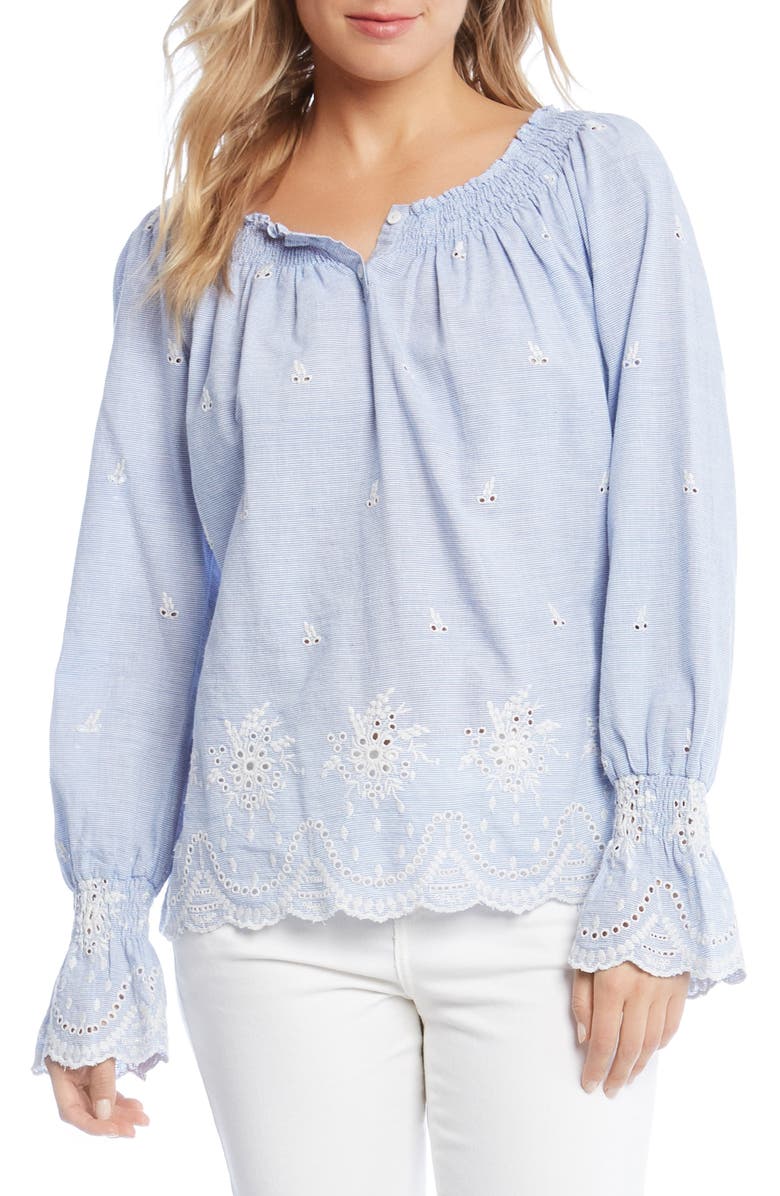 Karen Kane Bell Sleeve Embroidered Cotton Peasant Blouse, Main, color,