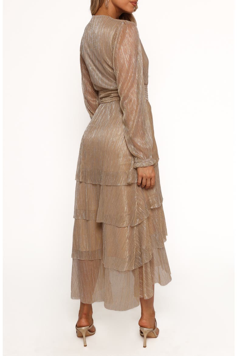 Cybil Metallic Long Sleeve Tiered Midi Dress, Alternate, color, CHAMPAGNE GOLD