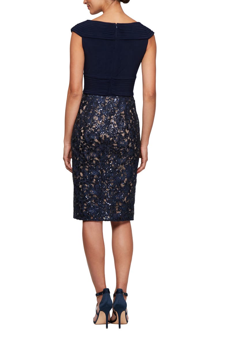 Pleat & Sequin Lace Cocktail Dress, Alternate, color, NAVY/ NUDE