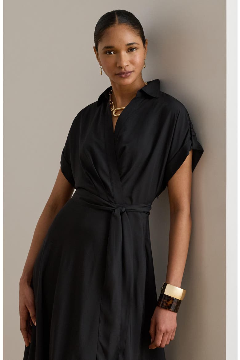 Belted Crêpe Dress, Alternate, color, BLACK