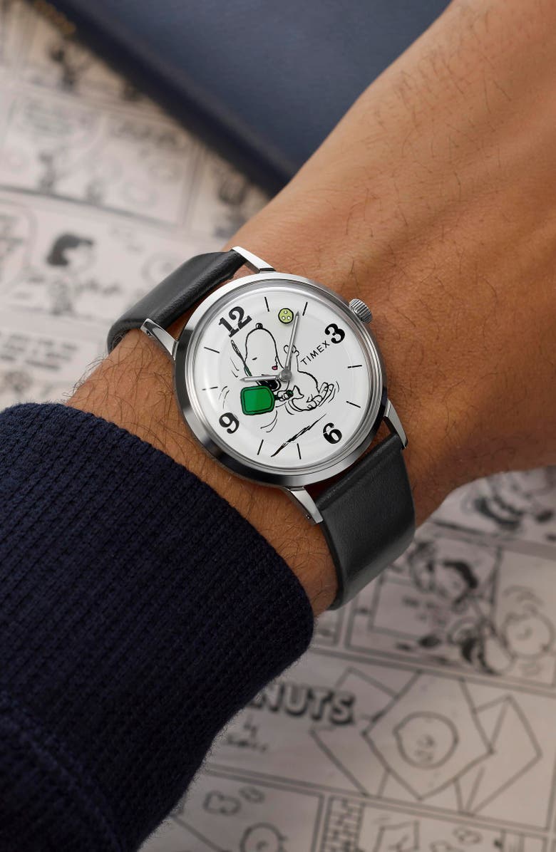 Timex<sup>®</sup> Peanuts<sup>®</sup> x Timex Marlin<sup>®</sup> Pickleball 38mm Leather Strap Watch, Alternate, color, White/ Silver-Tone