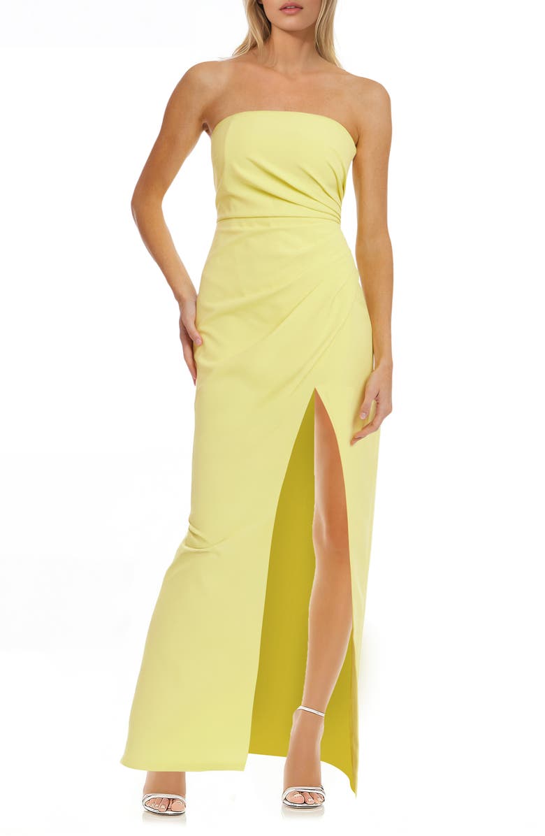 Jewel Badgley Mischka Pleated Strapless Sheath Gown, Main, color, Sunny Yellow