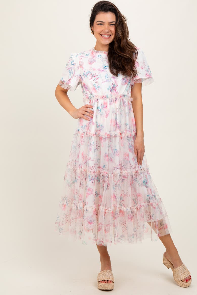 Floral Mesh Ruffle Tiered Midi Dress, Alternate, color, Ivory
