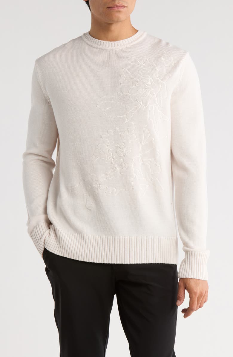 Bugatchi Embroidered Merino Wool Crewneck Sweater, Main, color, Chalk