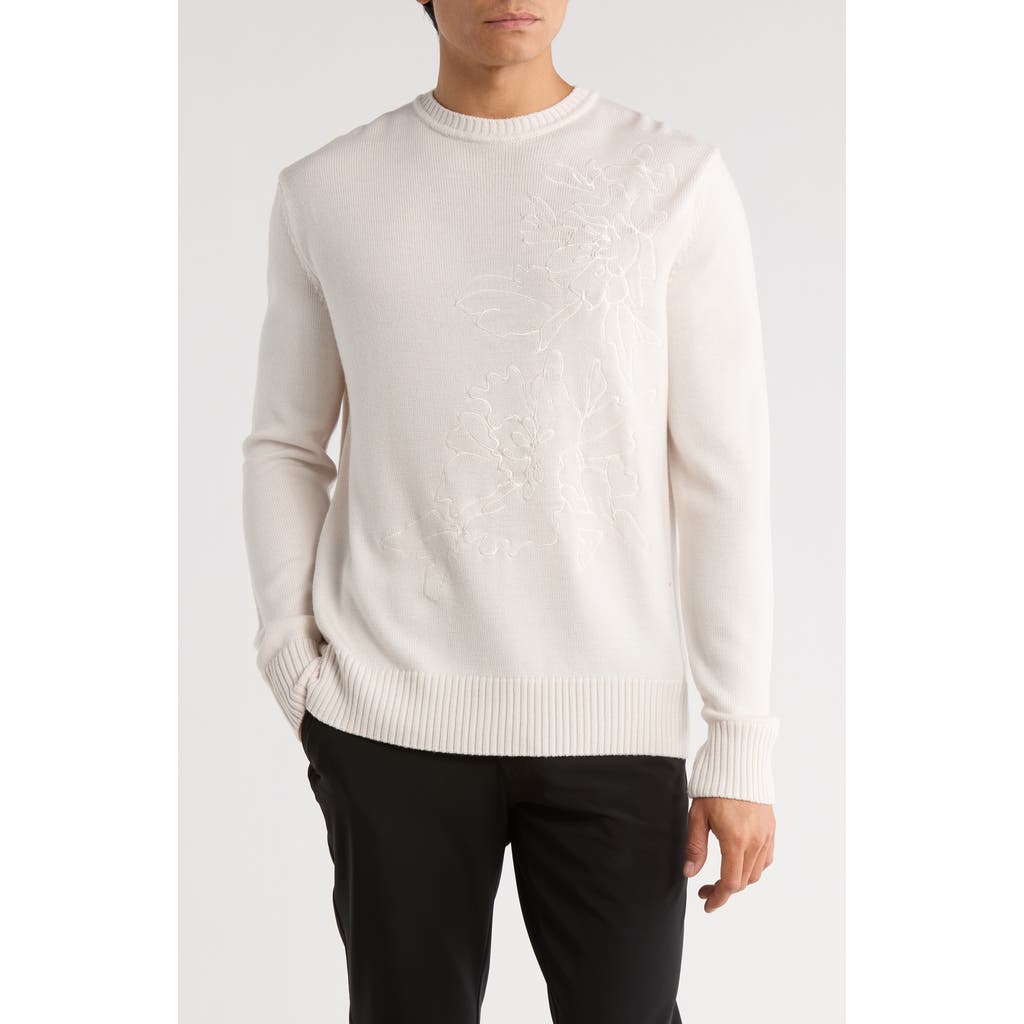 Bugatchi Embroidered Merino Wool Crewneck Sweater In White