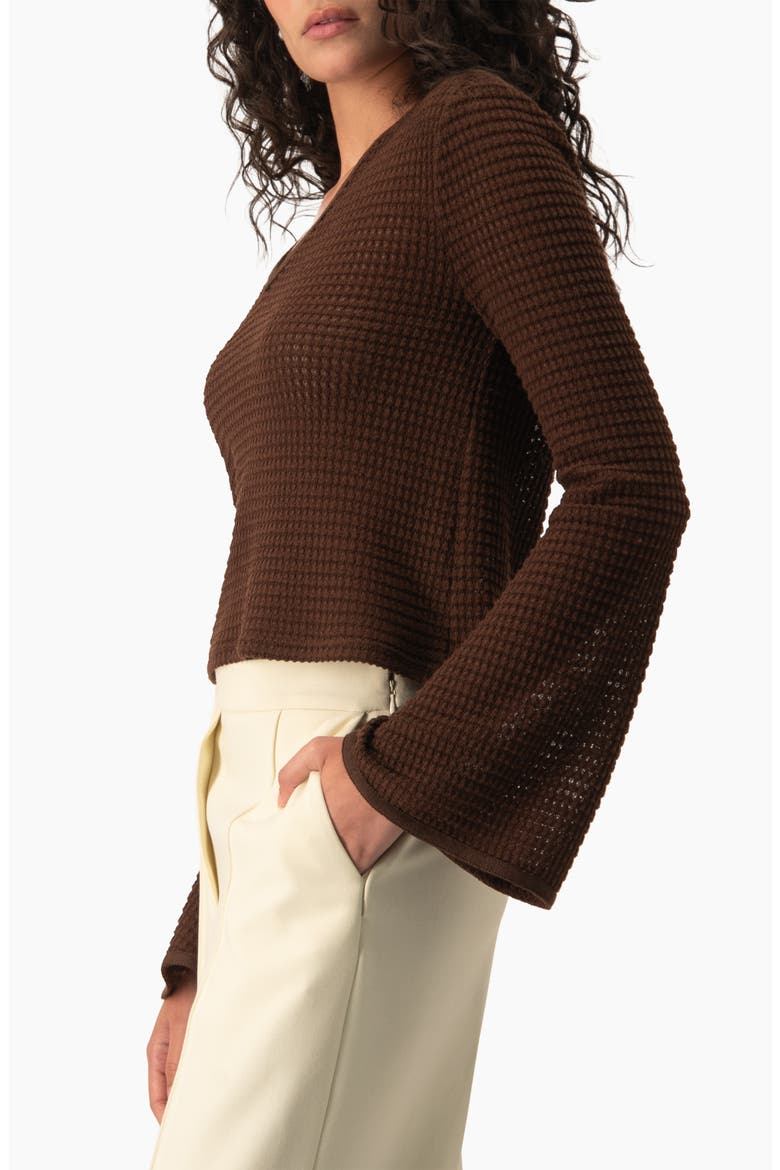 Waffle-knit V-neck Flared Bell-sleeve Cropped Sweater, Alternate, color, Brown