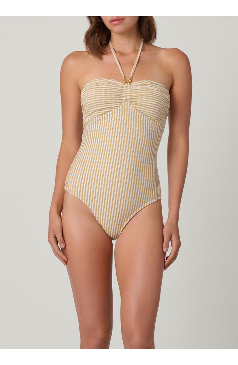 Shoshanna Metallic Seersucker Cinched Bandeau One Piece, Main, color, Multi