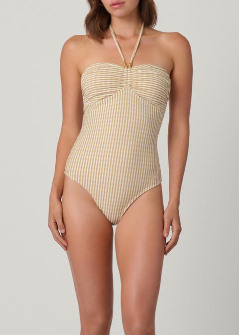 Metallic Seersucker Cinched Bandeau One Piece
