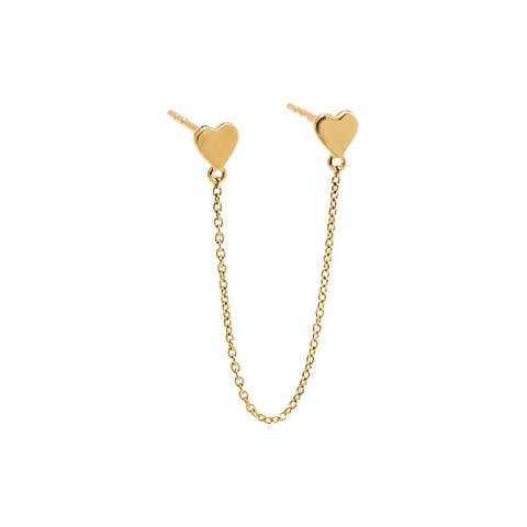 Solid Double Heart Chain Stud Earring 14K