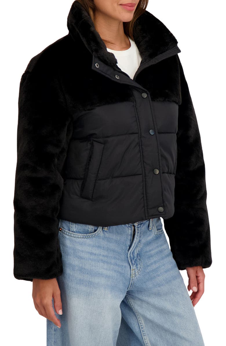Sebby Faux Fur Mixed Media Puffer Jacket, Alternate, color, Black