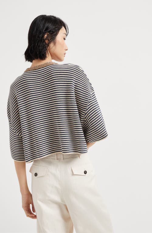 Brunello Cucinelli Dazzling Striped Short Sleeve Cropped Cardigan In Blue