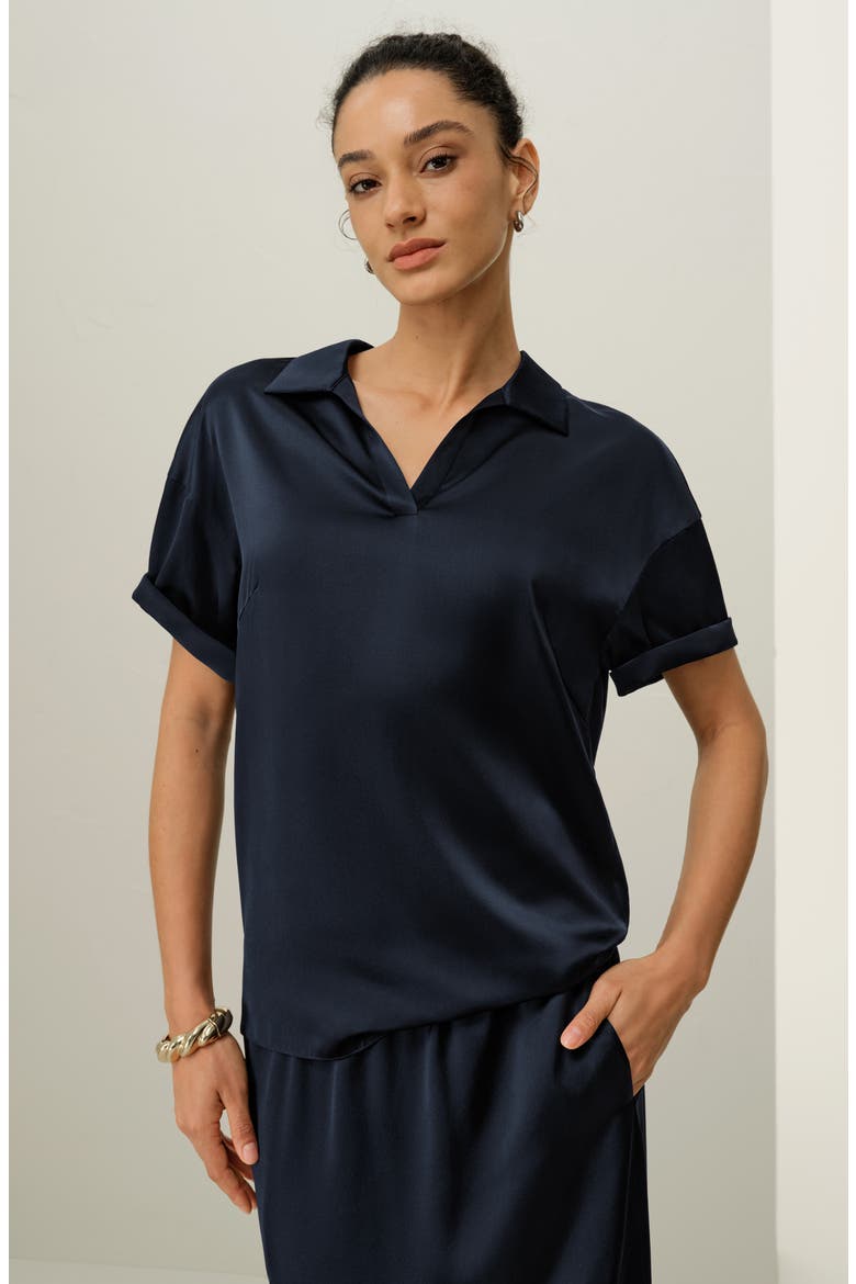 Women's Washable Silk Charmeuse Polo Top, Alternate, color, Midnight Blue