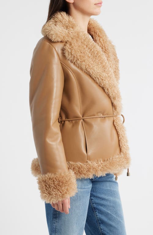 Bernardo Faux Shearling Wrap Coat In Brown