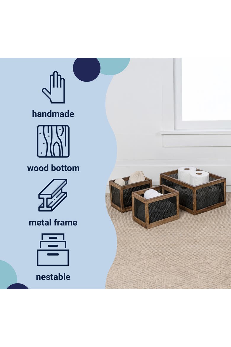 Fallon Modern Minimalist Handmade Wooden Metal Nesting Storage Baskets, Alternate, color, Black/Natural