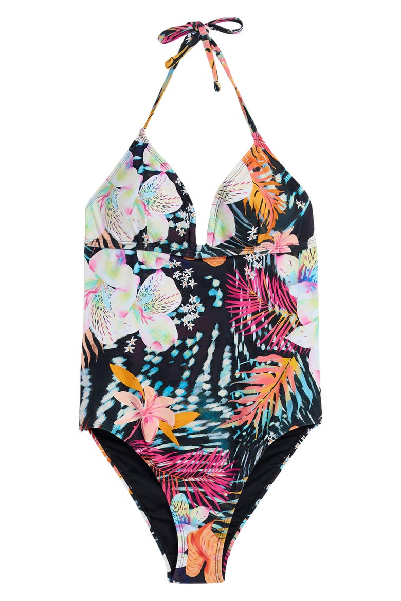 Floral Halter One-Piece Swimsuit, Alternate, color, BLACK