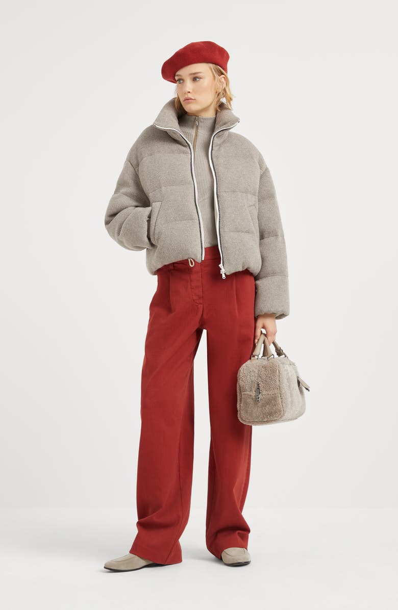 Brunello Cucinelli Cashmere English rib knit down jacket with shiny trims, Alternate, color, 