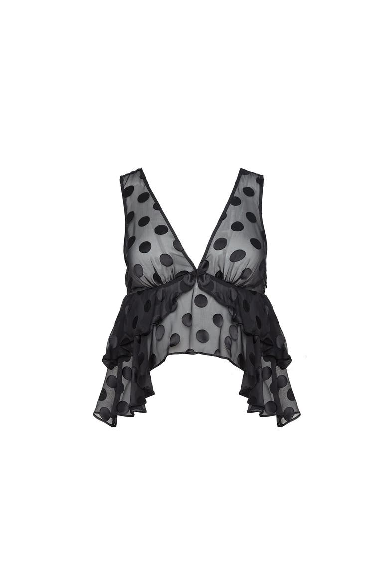 Silk Dot Ruffle Top, Main, color, Black