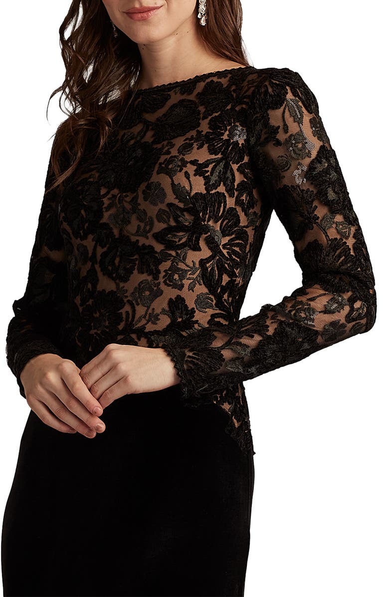 Tadashi Shoji Embroidered Bodice Long Sleeve Gown, Alternate, color, Black/ Beige