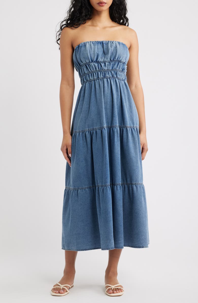 Blu Pepper Strapless Tiered Denim Midi Dress, Main, color, Denim