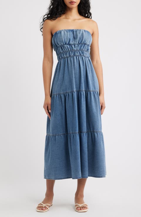 Strapless Tiered Denim Midi Dress