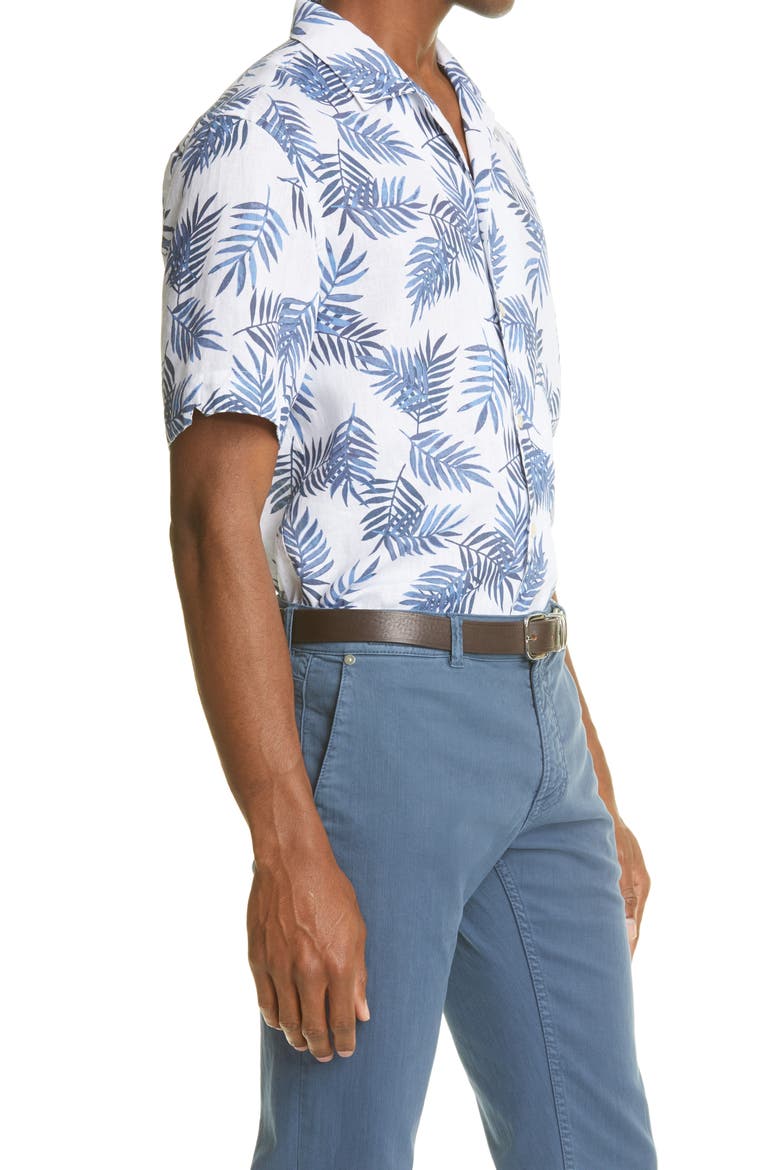 Palm Leaf Short Sleeve Linen Button-Up Shirt, Alternate, color, BLUE